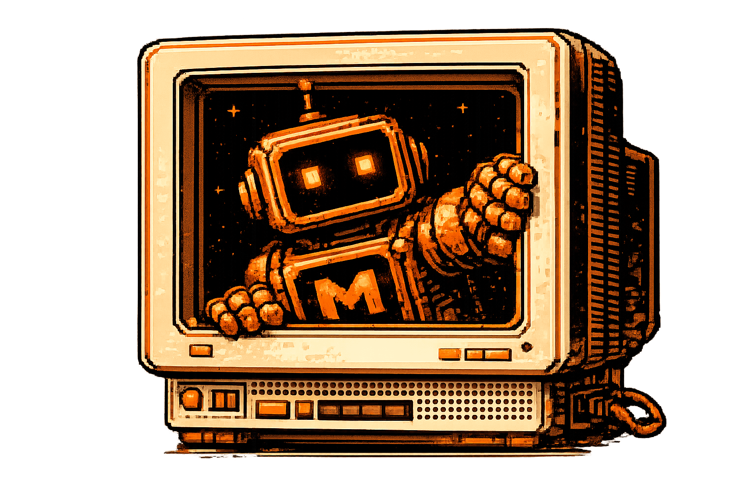 Retro CRT TV with a robot holding a Martient M