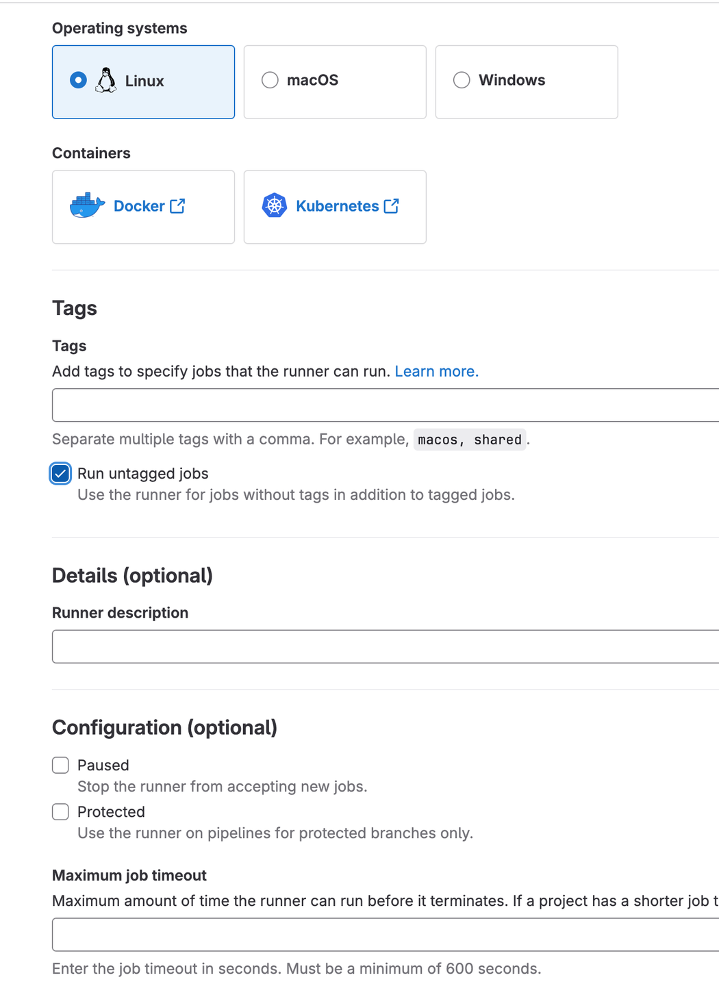 Gitlab runner creation menu